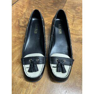Ralph Lauren Gael Women’s 9.5  Loafers Leather Black Cream Tassel Shoes Preppy